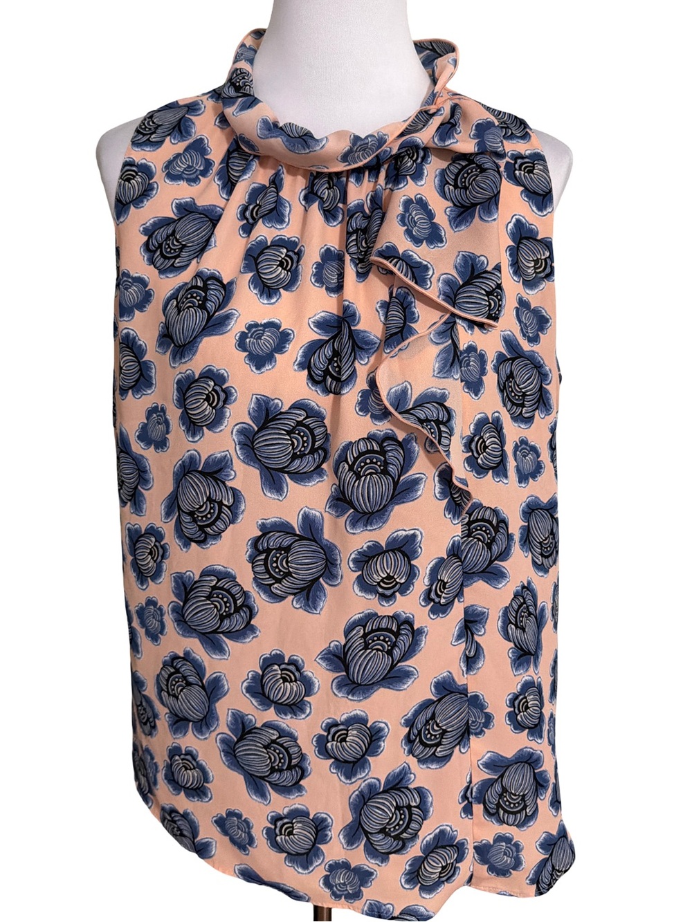 Ann Taylor Peach Floral Tie Neck Sleeveless Blouse
